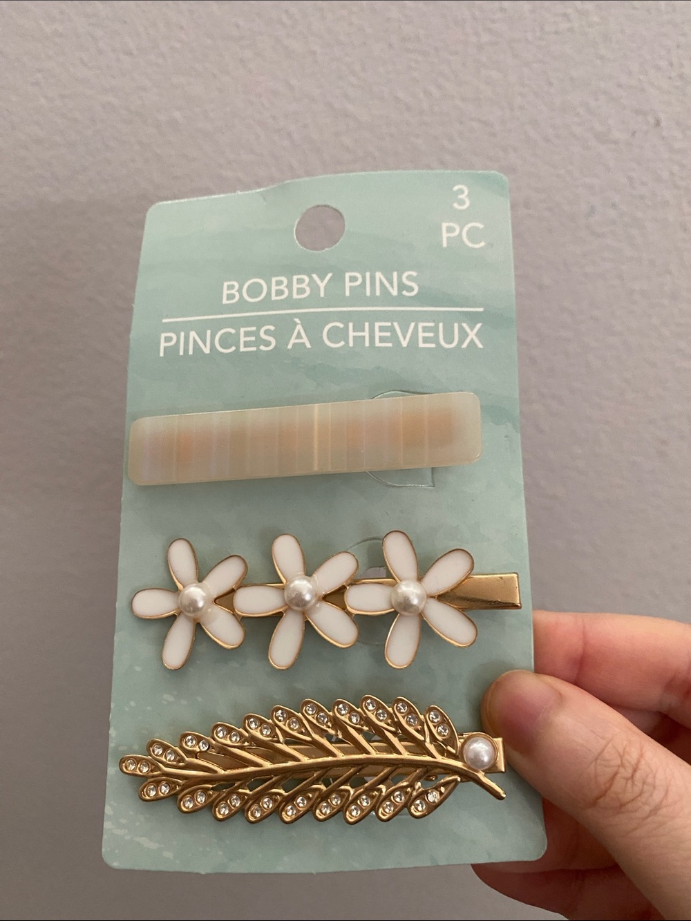 Gold Floral & Pearl Bobby Pin Set in White - 3 Piece